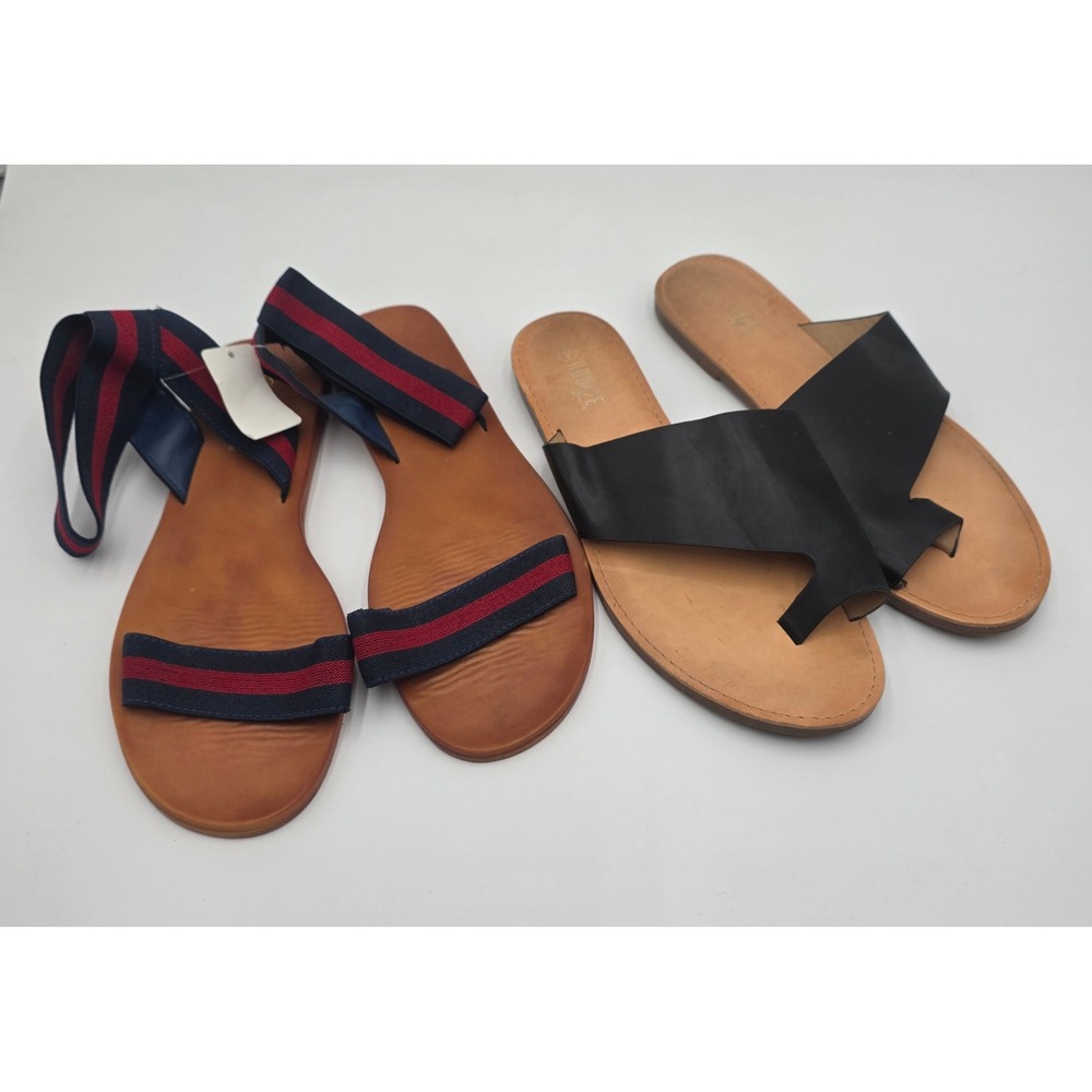 Rouge Helium Women's Size 9 Flat Sandal Bundle Black Toe Loop Navy Red Striped
